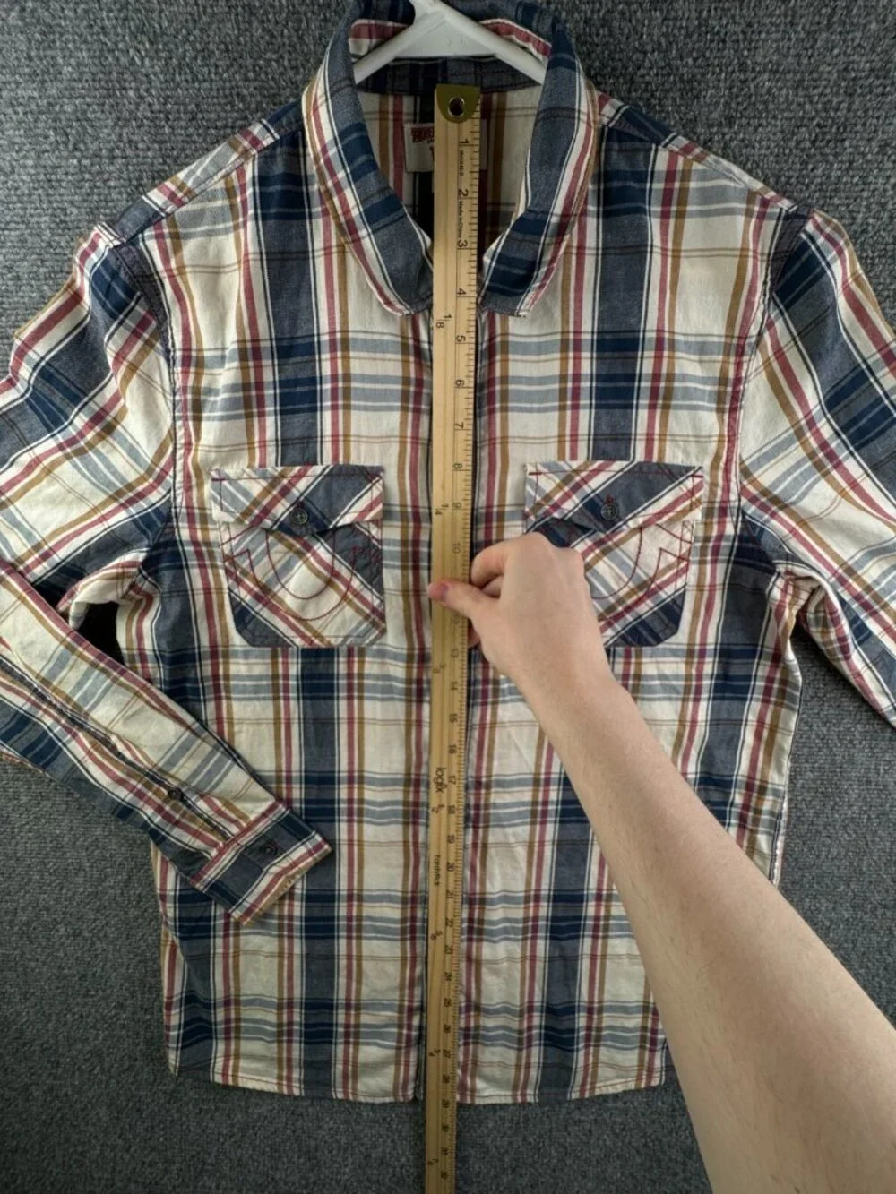 True Religion Long Sleeve Plaid Button Up Shirt Men Small Pockets Cotton Tall